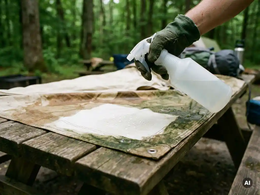 Gehandschoende hand met spuitfles die tentdoek reinigt, zichtbaar schoon vlak naast groene algevlekken op verweerd canvas.