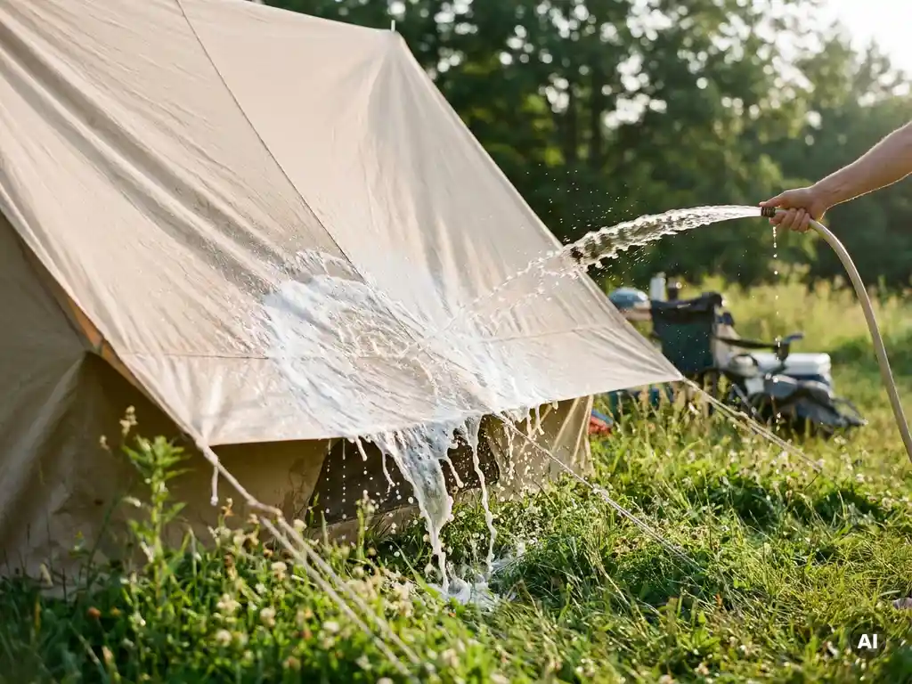 Tentdoek van beige campingtent afspoelen met tuinslang, zeepschuim stroomt over canvas op groen gras in middagzon.