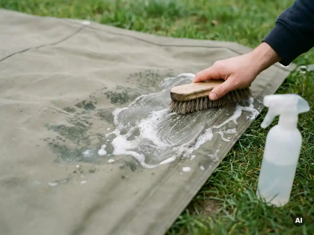 Schimmelplekken op tentdoek worden geschrobd met een stijve borstel, zeepschuim op vochtig canvas, sproeiflacon ernaast op groen gras.