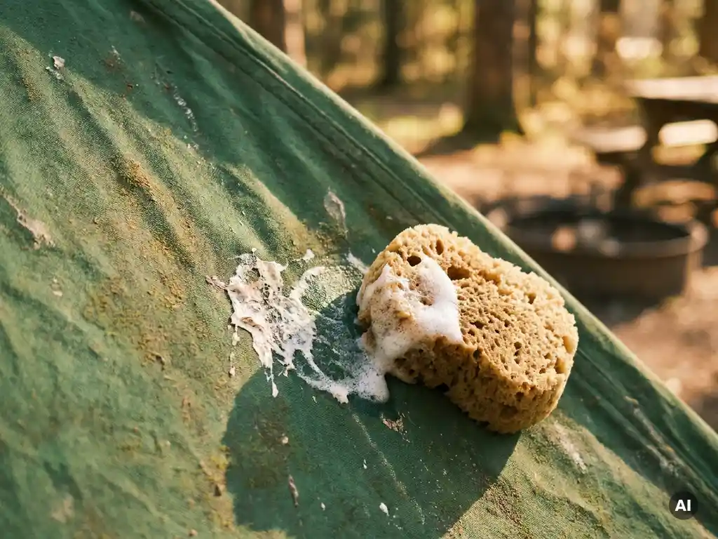 Schuimende spons die vogelpoep verwijdert van groen tentdoek, close-up met zachte achtergrond van kampeerterrein.