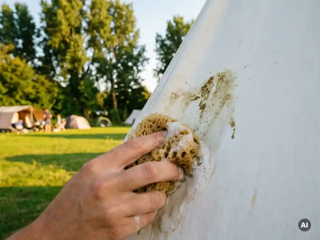 Natte spons verwijdert vogelpoepvlek van wit tentdoek op zonnige Nederlandse camping.