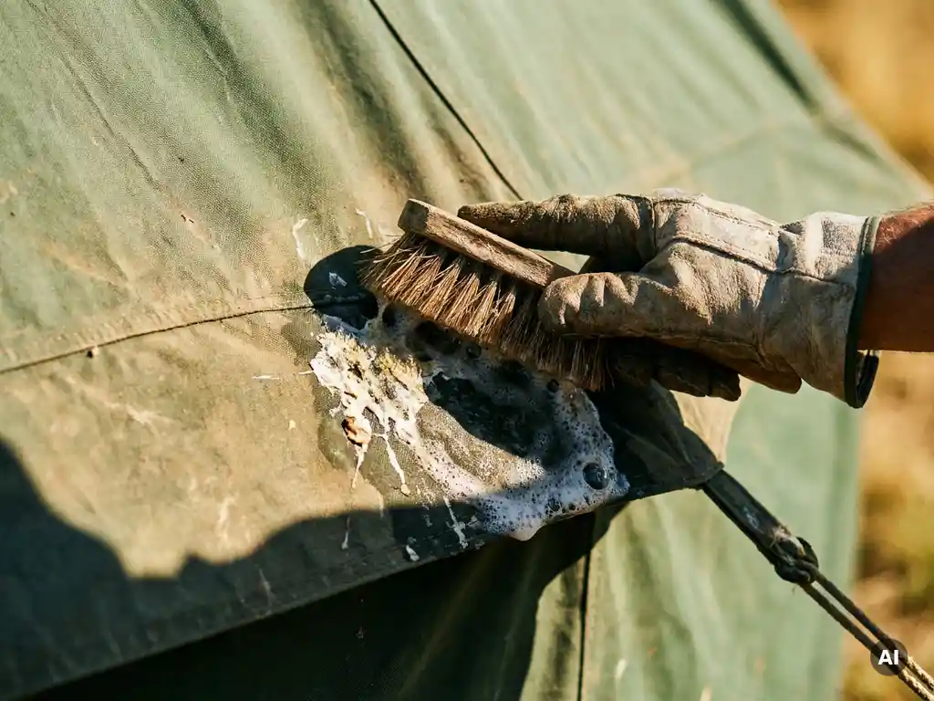 Gehandschoende hand die met een stijve borstel vogelpoep van groen canvas tentdoek schrobt, zeepschuim zichtbaar op de stof.
