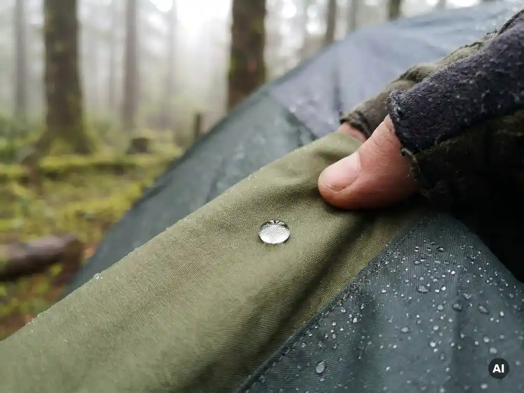 Gehandschoende hand die waterafstotend tentdoek test, met perfecte waterdruppel op olijfgroen canvas in mistig boskampeerterrein.